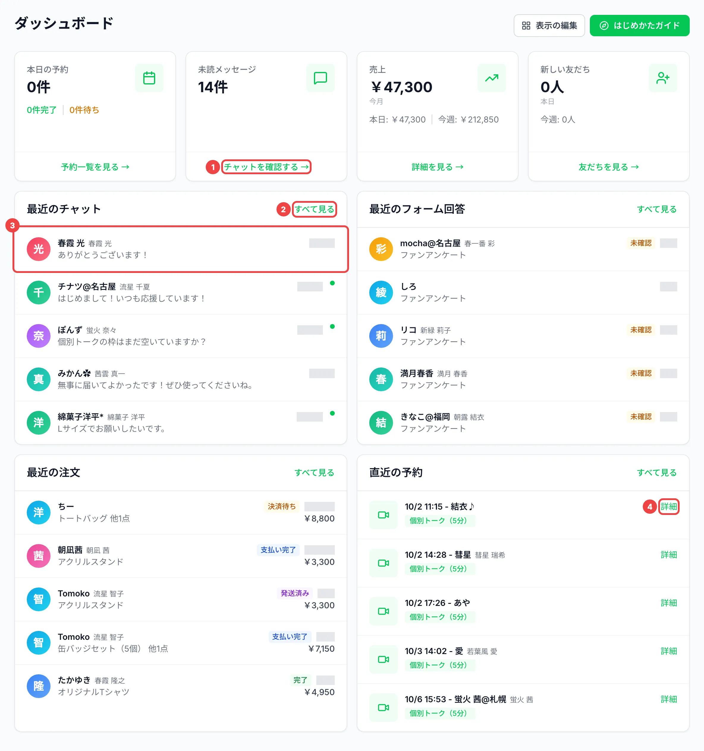 「チャットを確認する」に番号1、「すべて見る」に番号2、最近のチャットの1行目に番号3、直近の予約の「詳細」に番号4を付けた画面