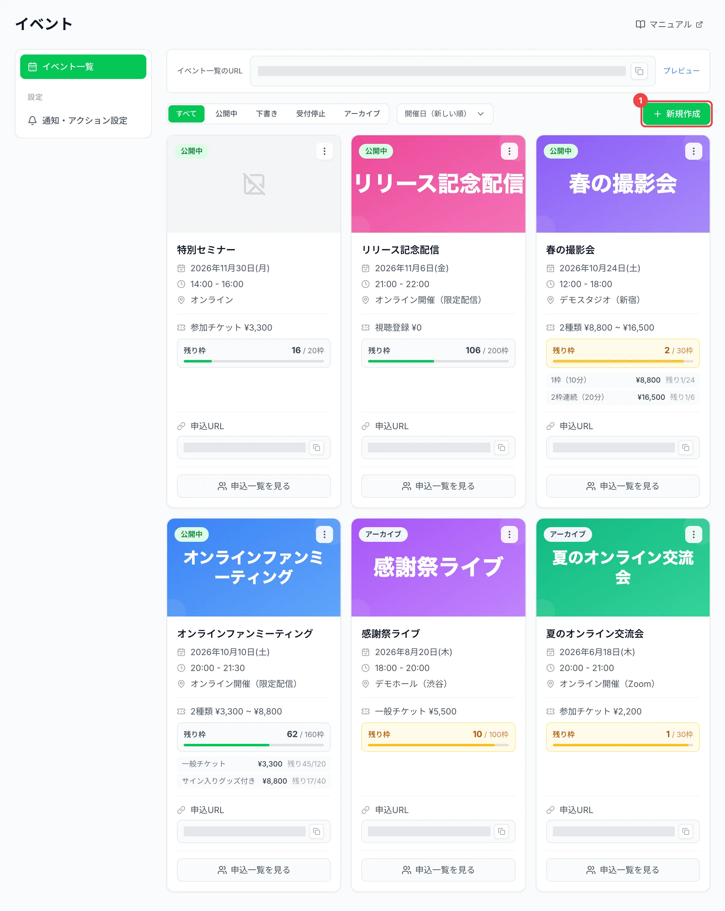 一覧の右上の「新規作成」に番号1を付けた画面