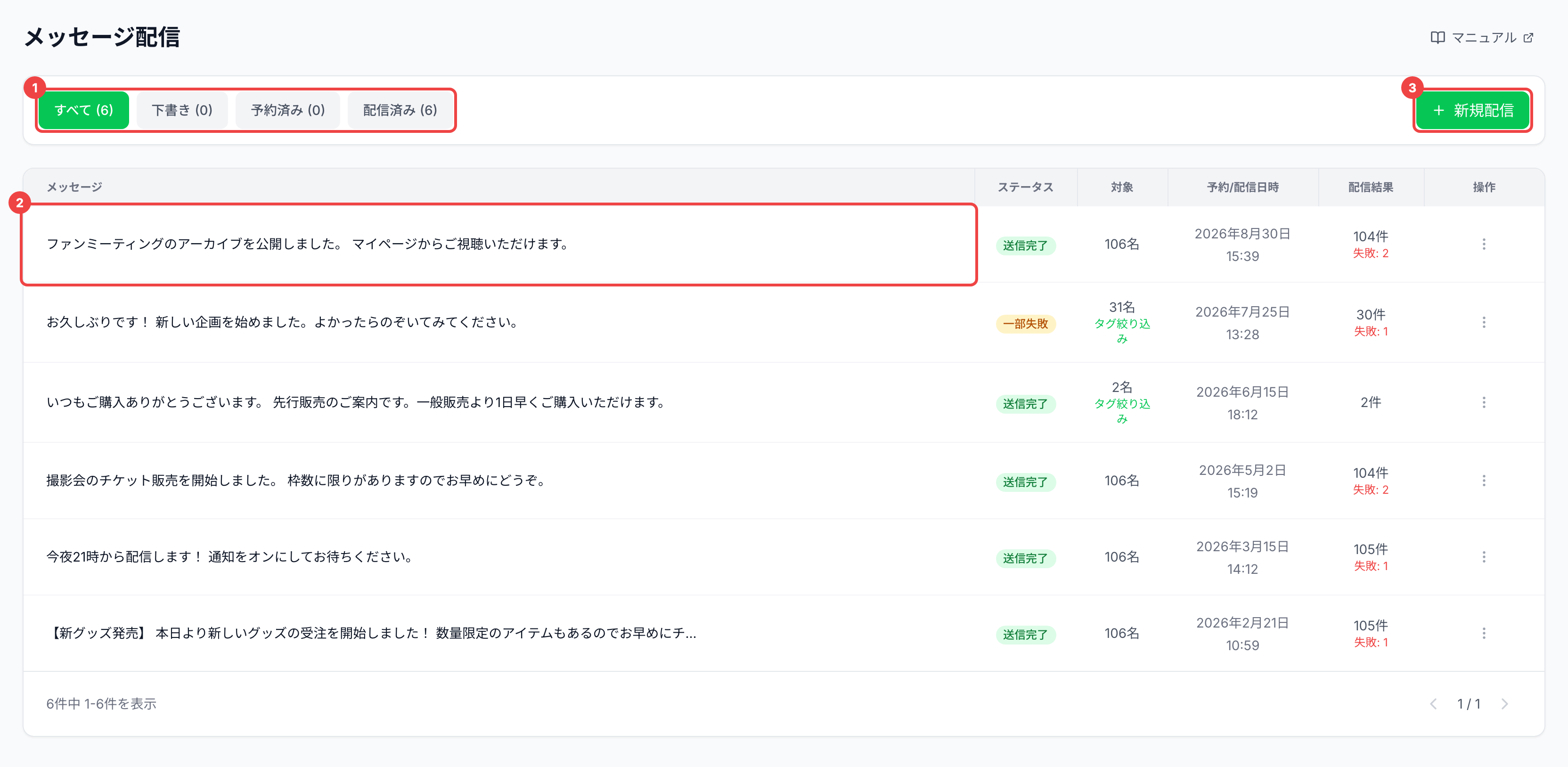 タブ、一覧の1行目、「新規配信」に番号を付けた画面