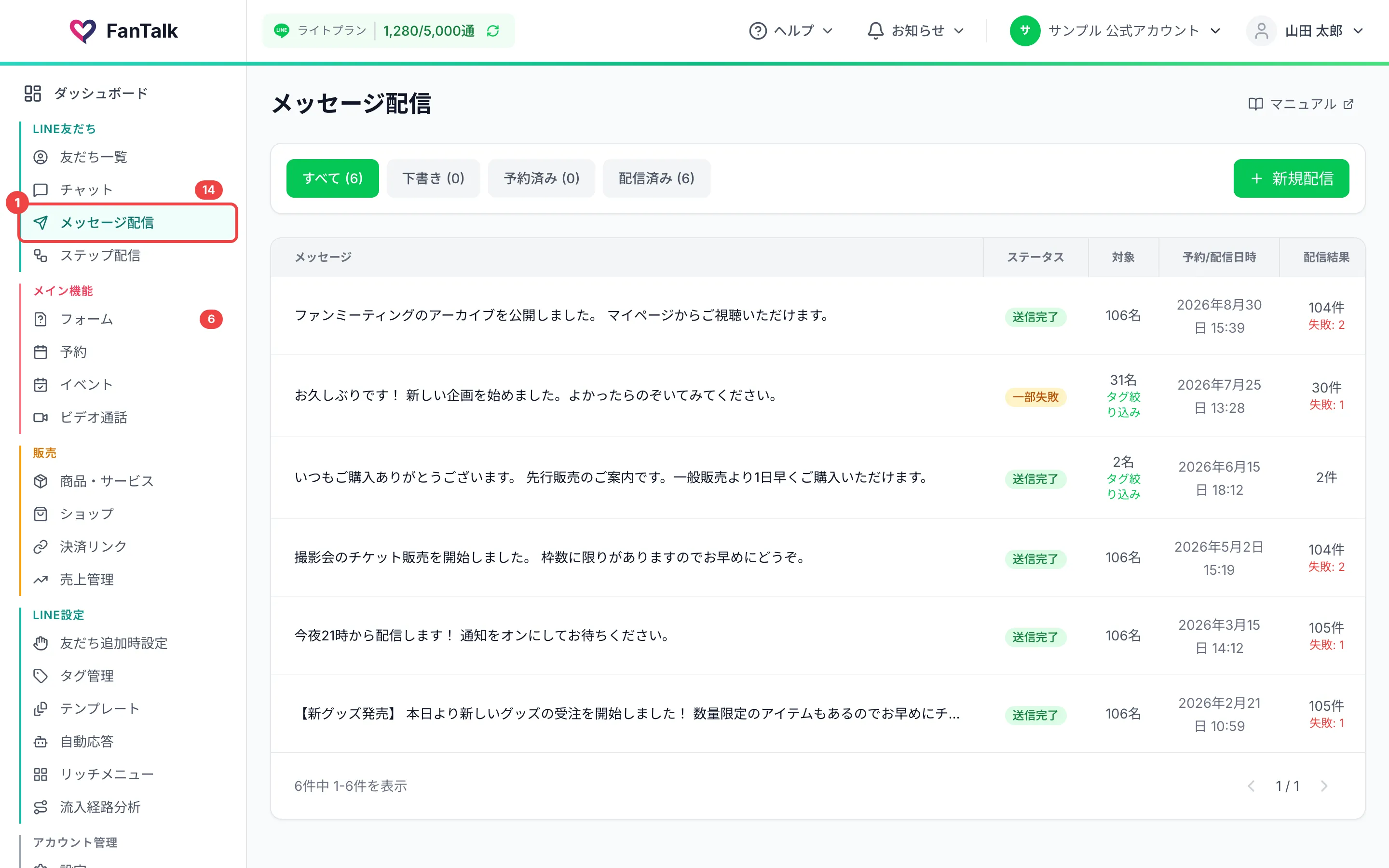 サイドメニューの「LINE友だち」の中の「メッセージ配信」に番号を付けた画面