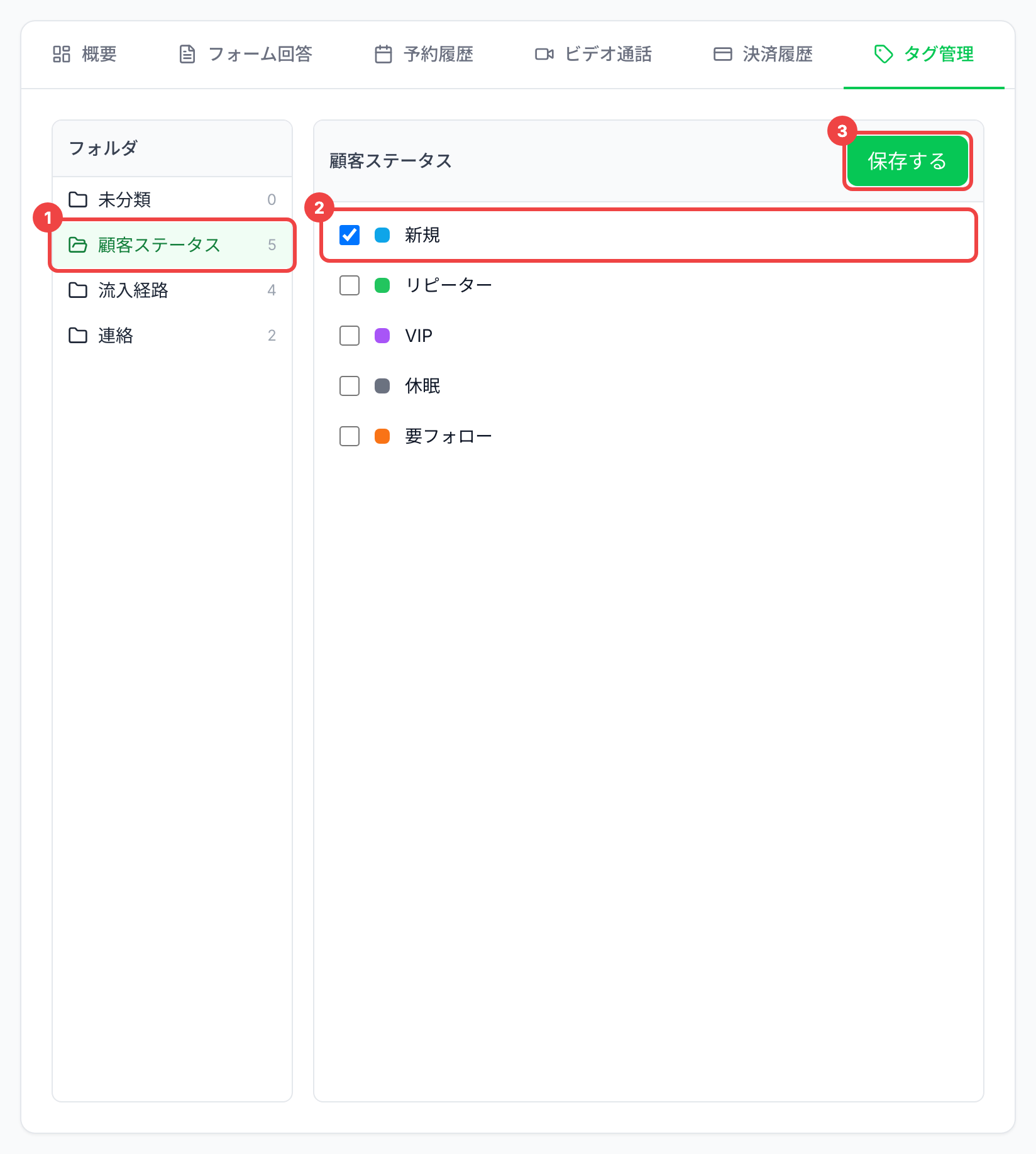 「タグ管理」のタブでフォルダ「顧客ステータス」を選び、1つ目のタグのチェックを切り替えて「保存する」が出た画面