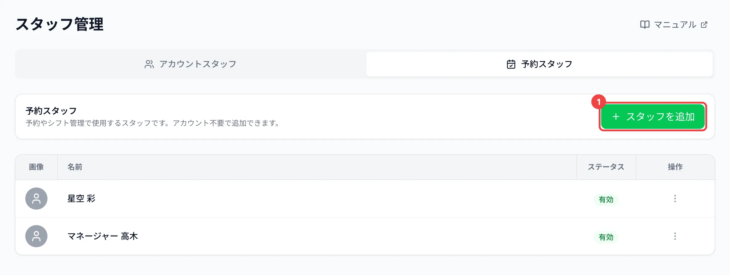 「スタッフを追加」に番号1を付けた画面