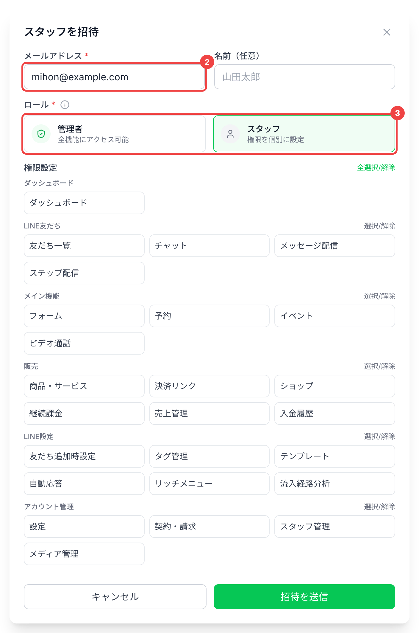 「メールアドレス」に番号2、ロールの選択に番号3を付けた「スタッフを招待」のダイアログ