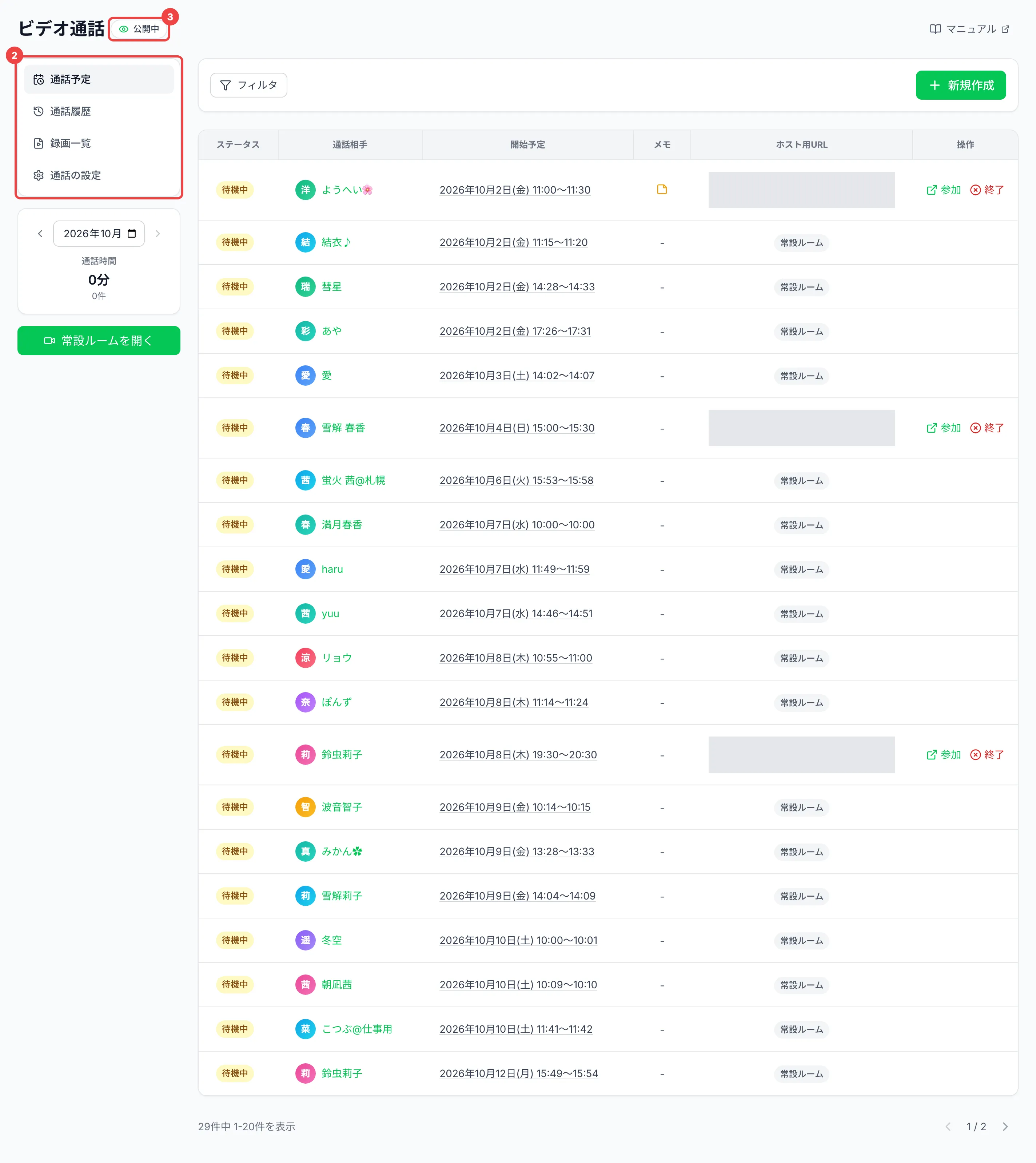 左のメニューに番号2、見出しの右の「公開中」に番号3を付けた「通話予定」の画面