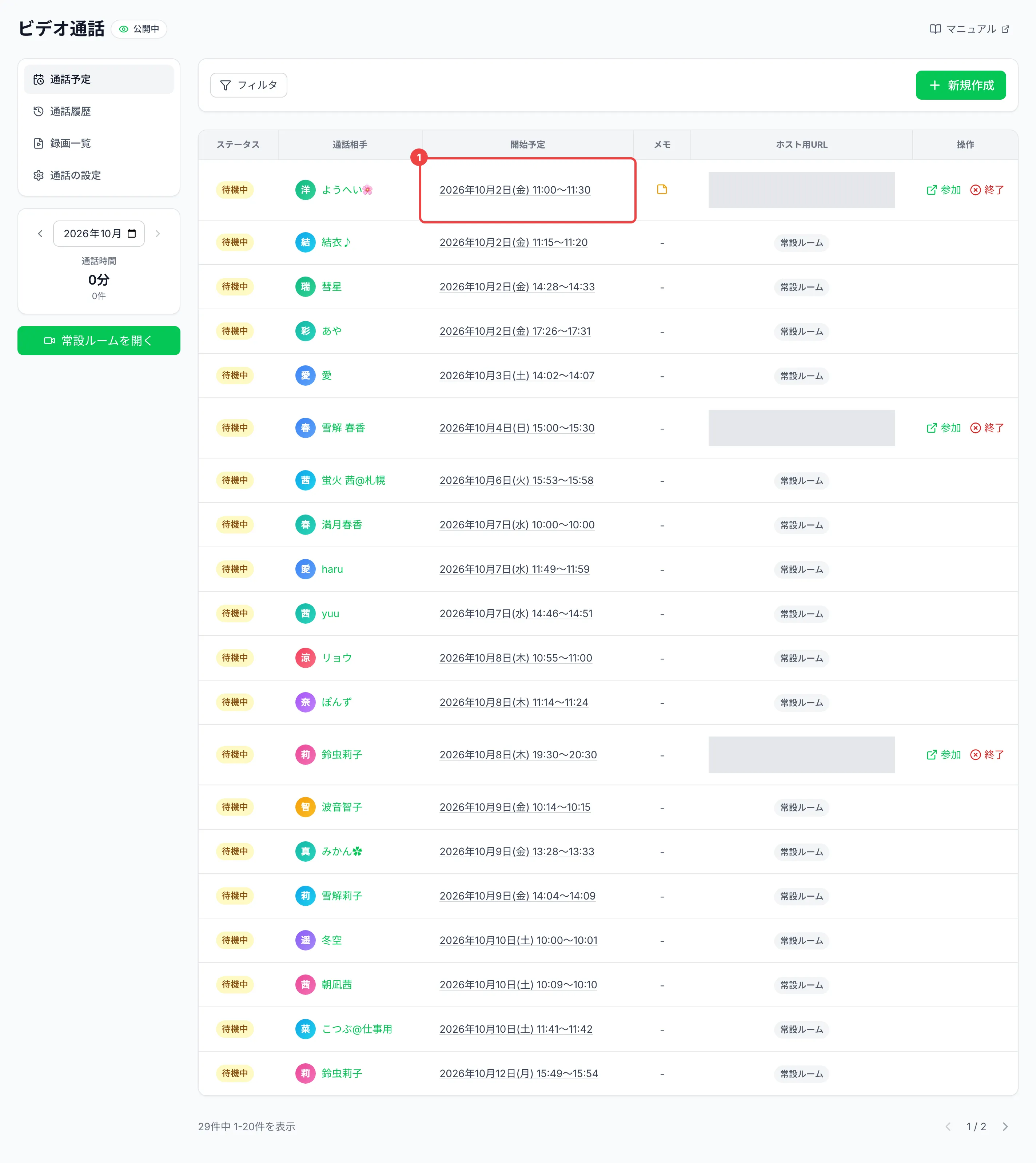 1行目の予定に番号1を付けた「通話予定」の一覧