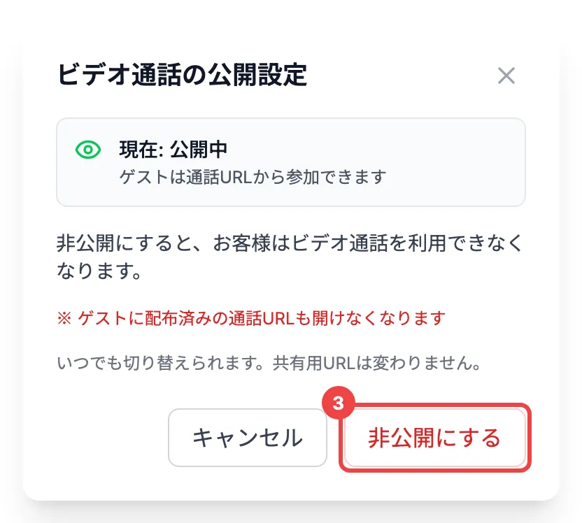 「非公開にする」に番号3を付けた「ビデオ通話の公開設定」のダイアログ